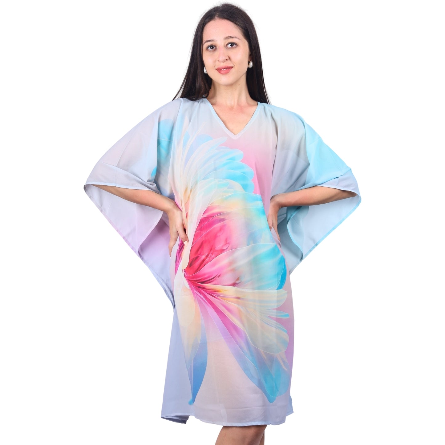 Pastel Abstract Floral Print Kaftan Dress with Batwing Sleeves | GloFash - FashionZapp.com
