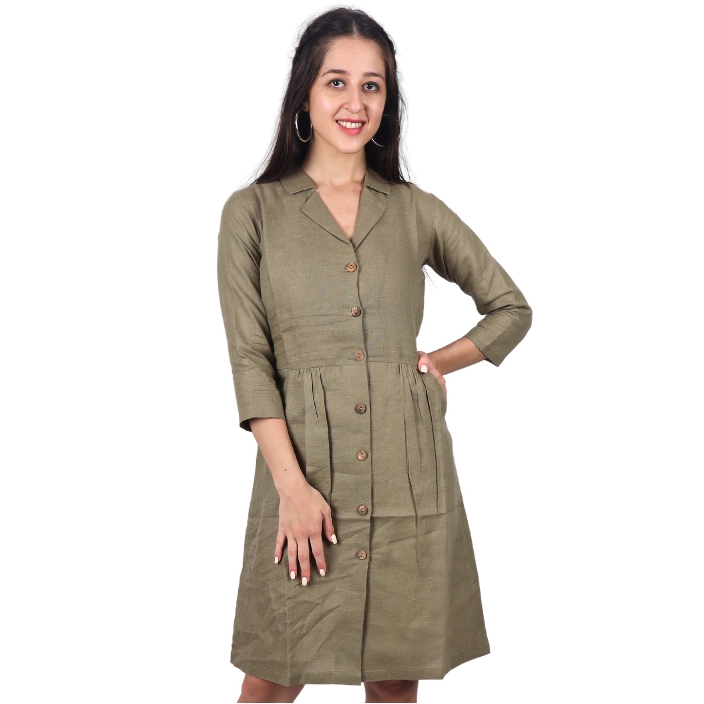 Women's V-Neck Summer Casual 3/4 Sleeve Button-Down Dress - FashionZapp.com