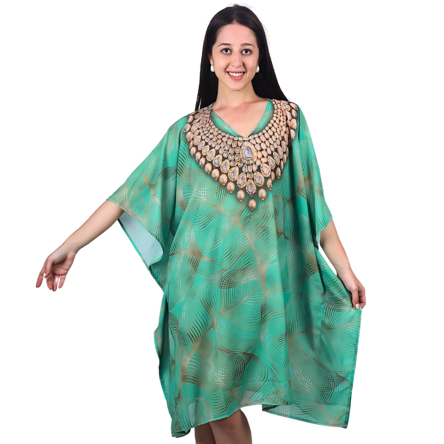 Emerald Oasis Jewel-Print Kaftan Dress | GloFash - FashionZapp.com