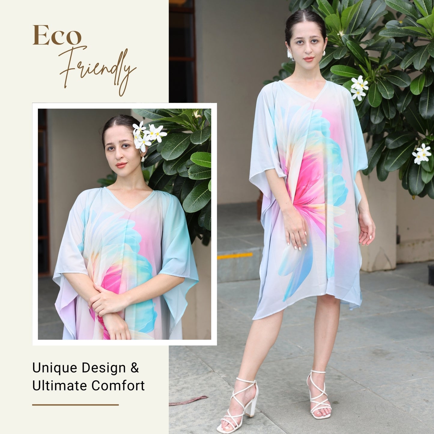 Pastel Abstract Floral Print Kaftan Dress with Batwing Sleeves | GloFash - FashionZapp.com