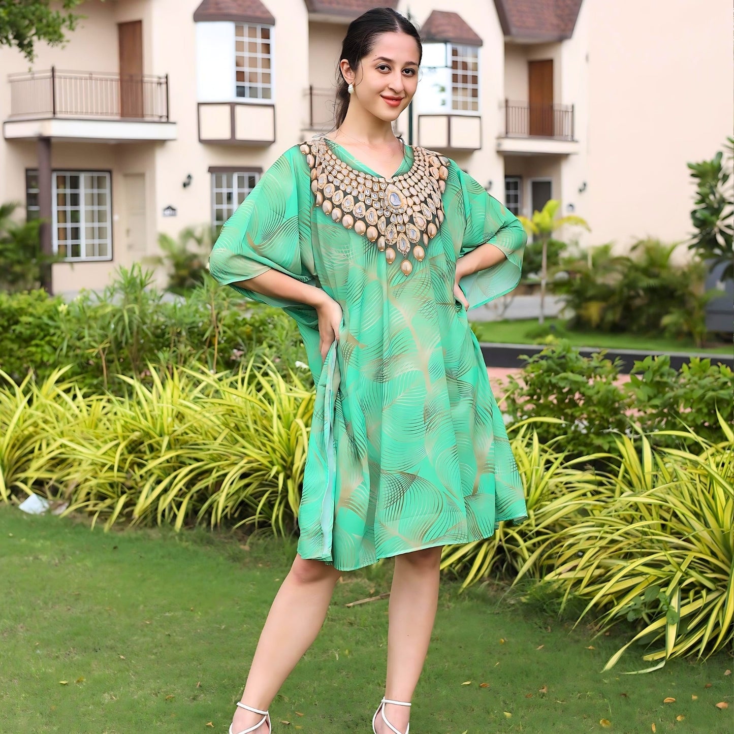 Emerald Oasis Jewel-Print Kaftan Dress | GloFash - FashionZapp.com