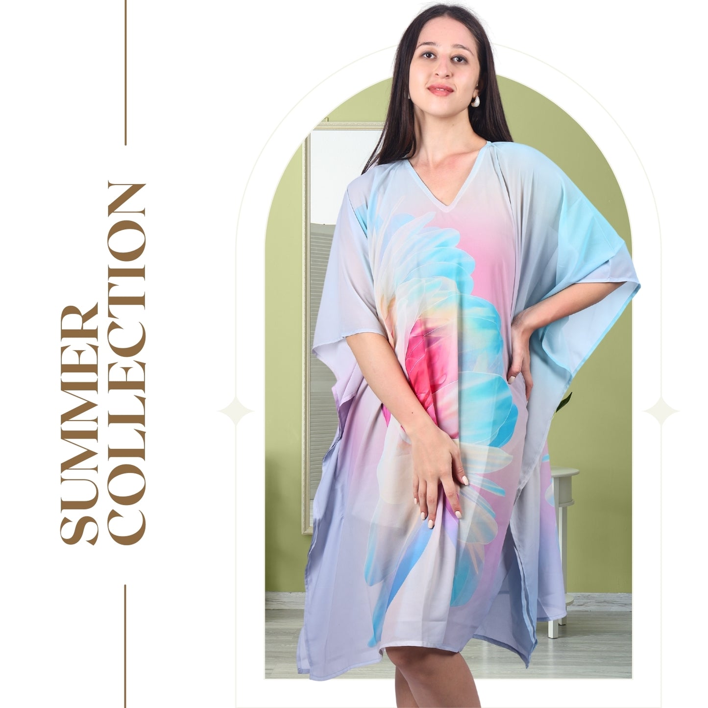 Pastel Abstract Floral Print Kaftan Dress with Batwing Sleeves | GloFash - FashionZapp.com