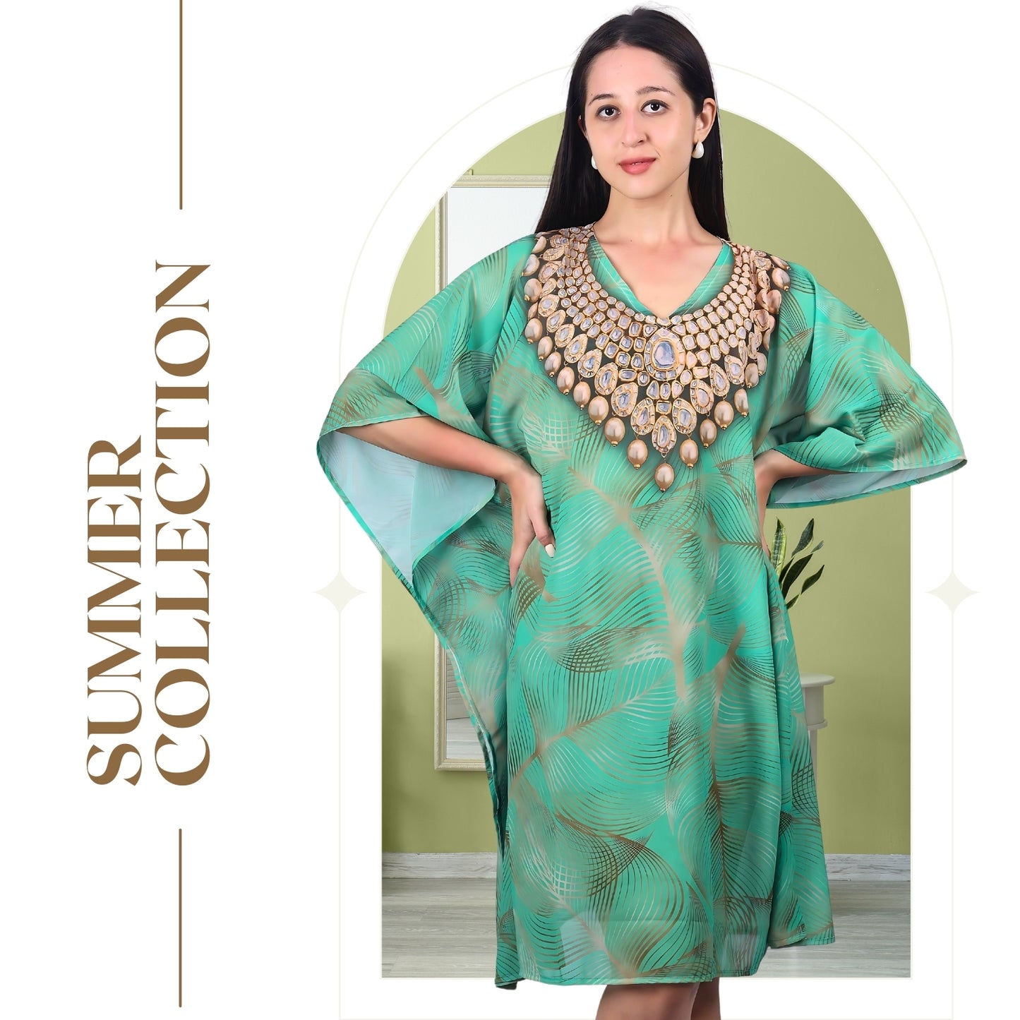 Emerald Oasis Jewel-Print Kaftan Dress | GloFash - FashionZapp.com