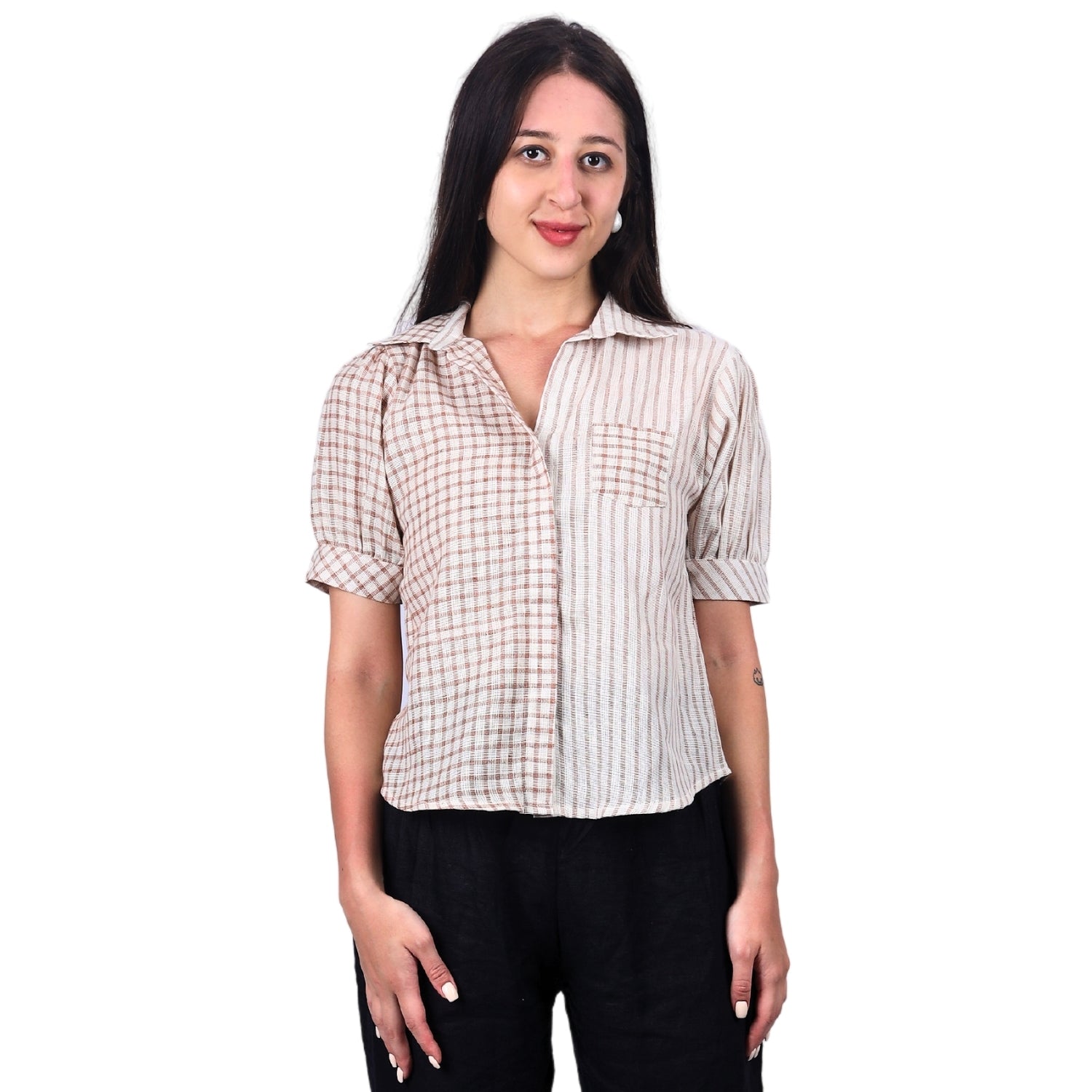 Casual checkered blouse displayed on a hanger
