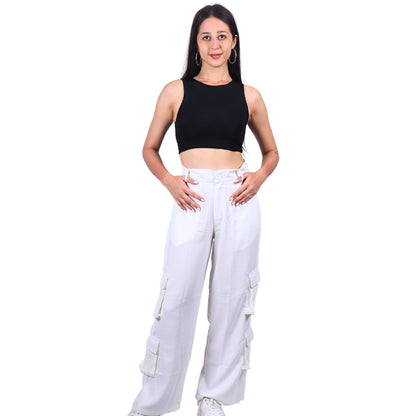 Green Georgette cargo pants with a sleek high-waist fit
