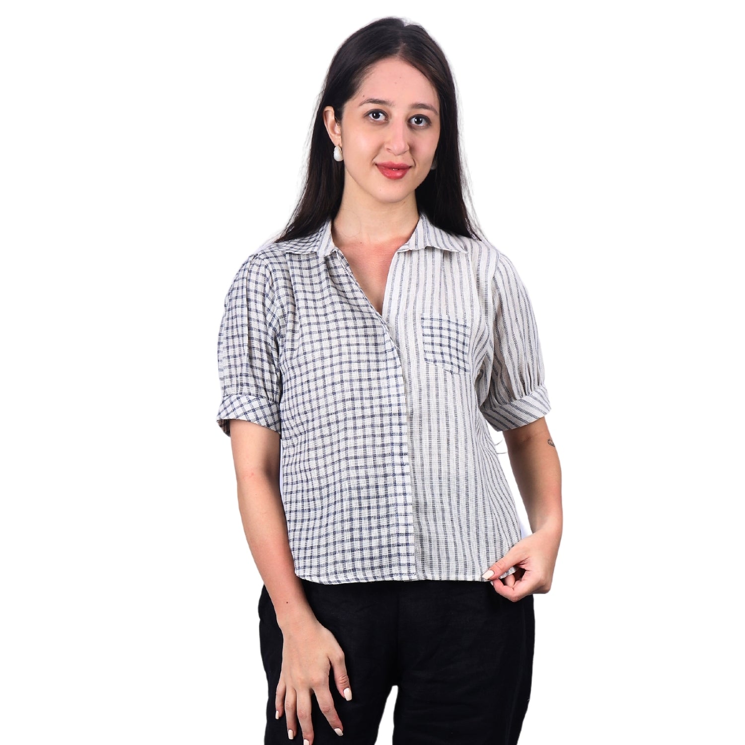 heckered button-up blouse folded neatly