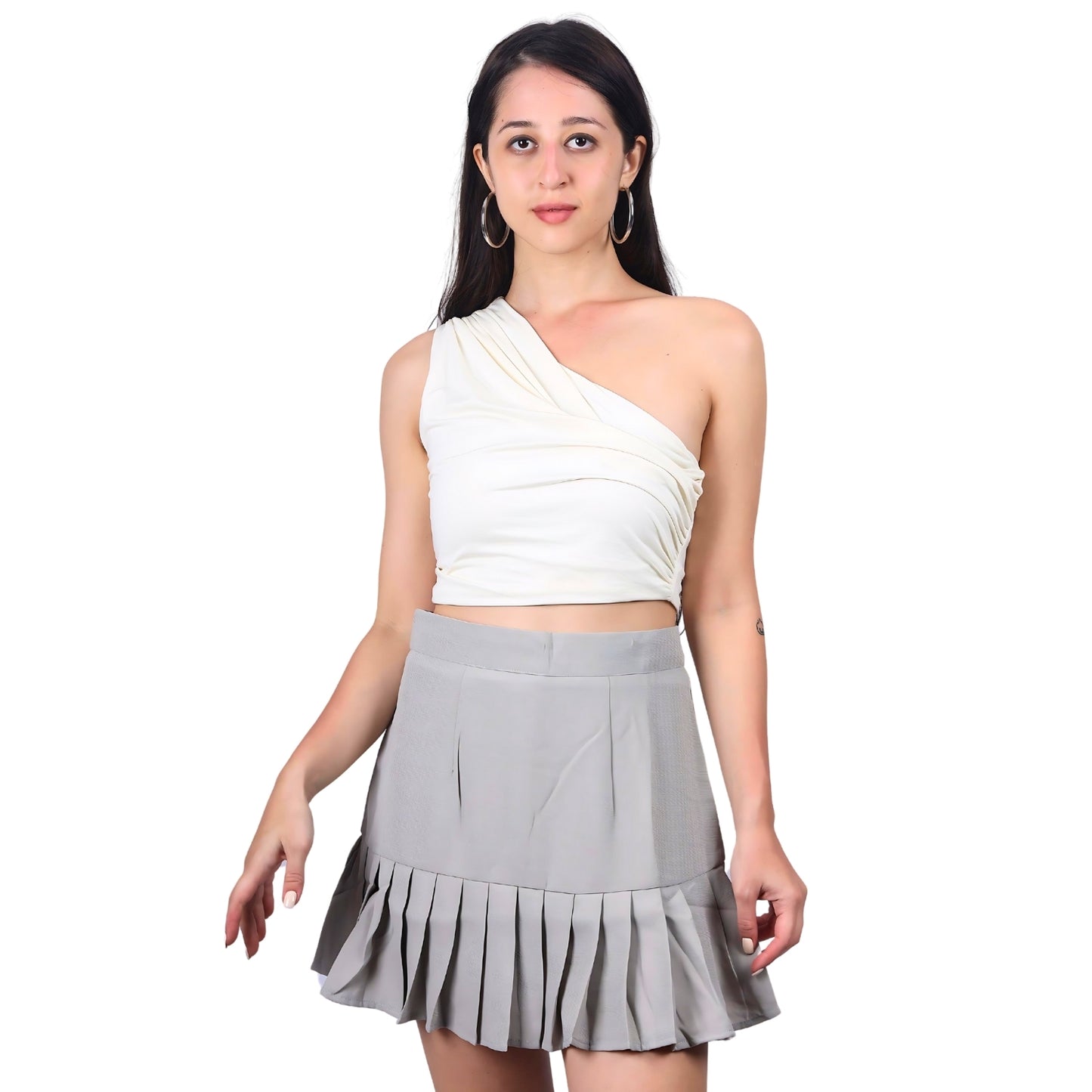 High-quality imported georgette pleated skirt set in light blue
