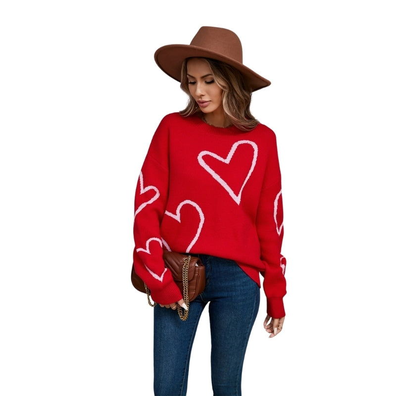 Female: Valentine's Day Pullover Big Peach Heart Contrast Color Sweater - Fashionzapp