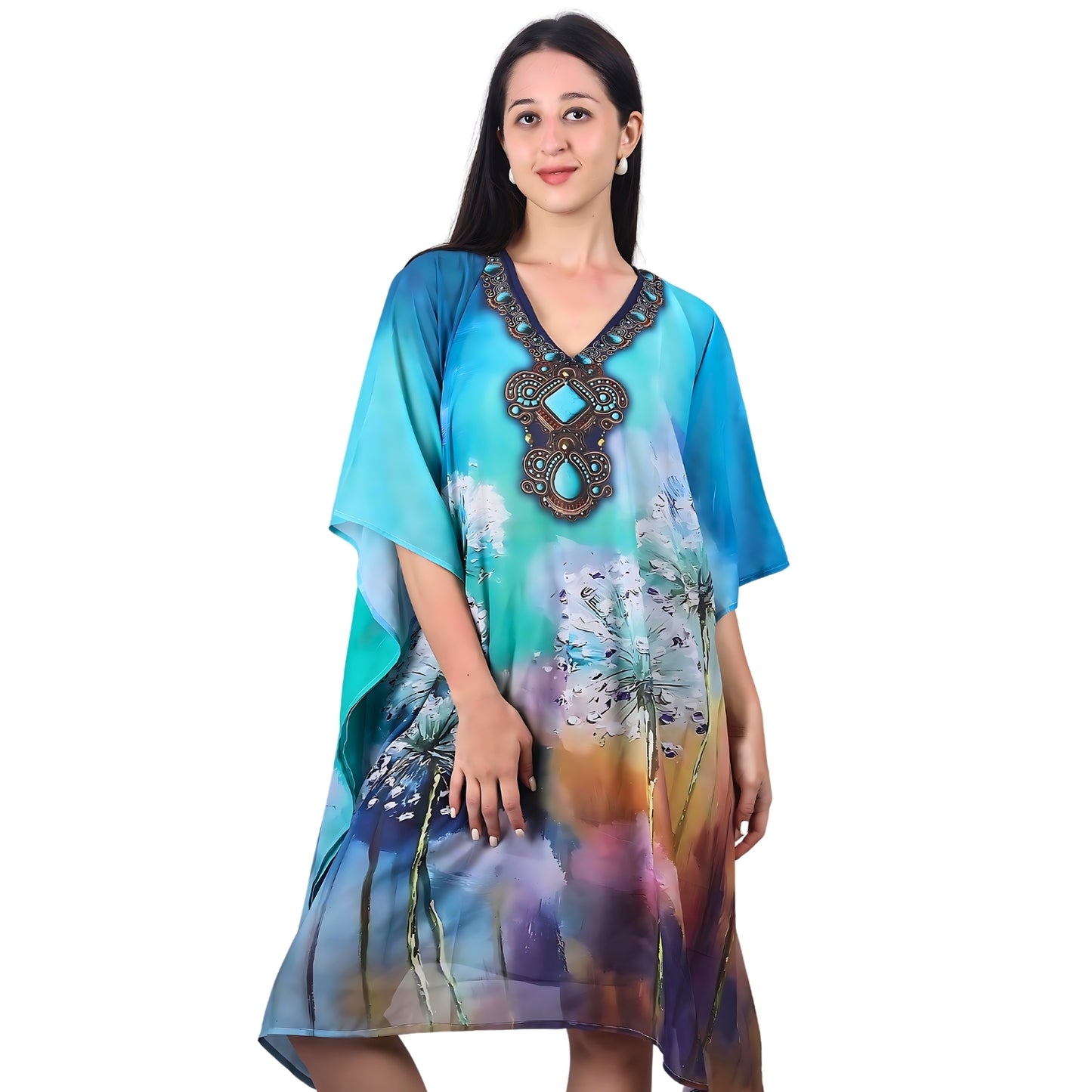 Comfortable kaftan dress featuring a watercolor floral print
