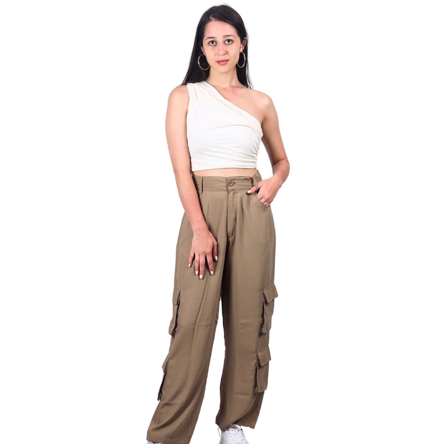 Green high-waist cargo pants with stylish pockets by GloFash
