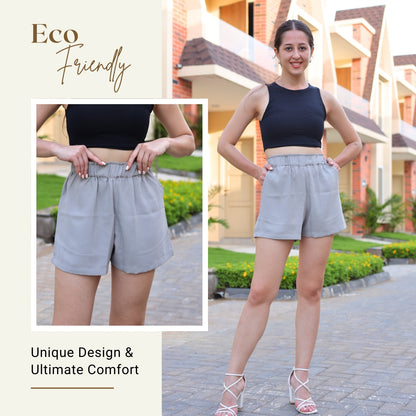 Black elastic waistband shorts made from imported georgette
