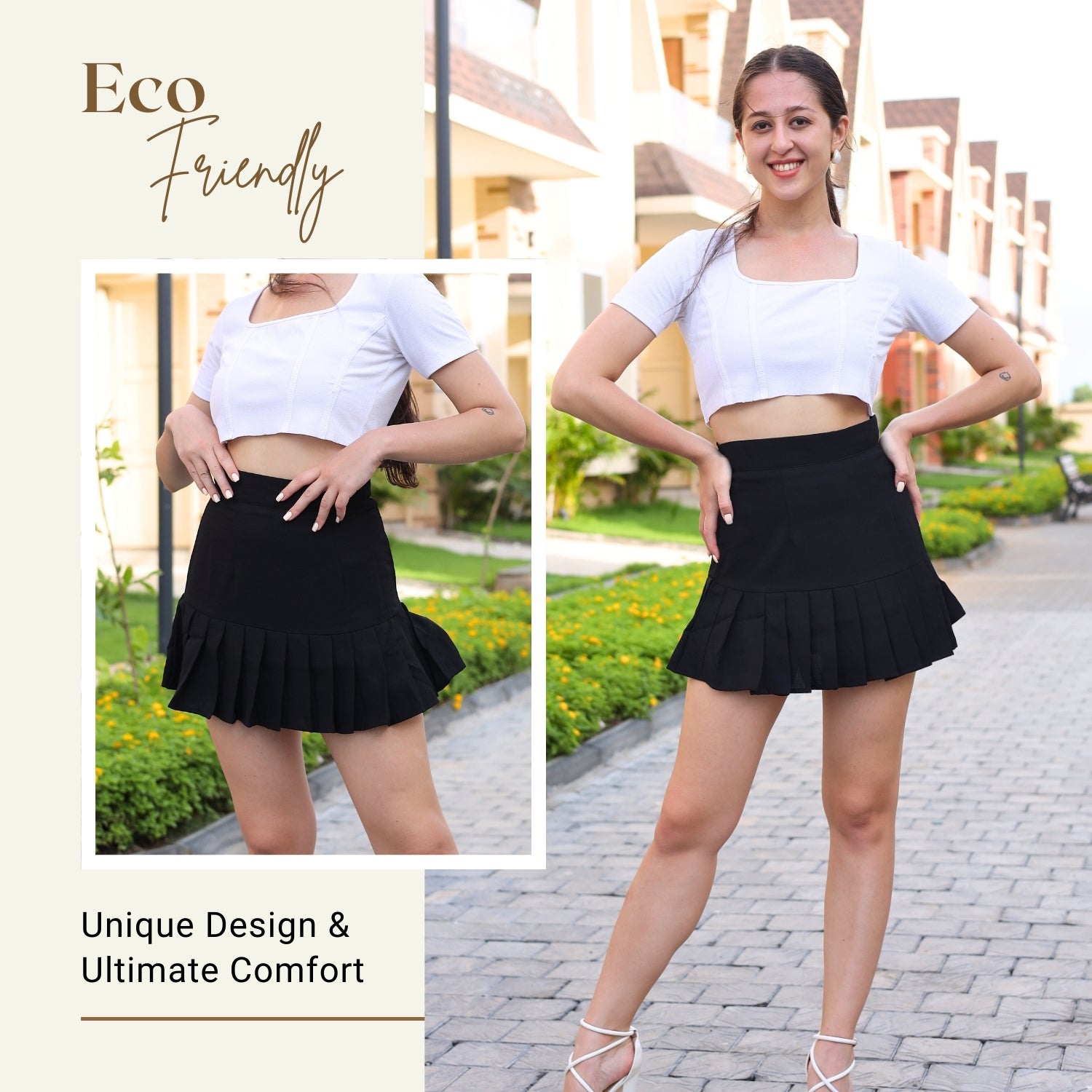 Elegant black pleated mini skirt set in imported georgette by GloFash
