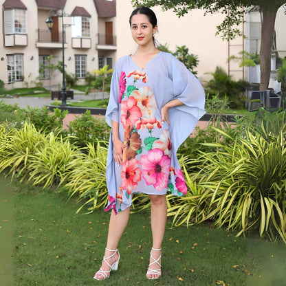 Elegant floral kaftan dress in a watercolor design
