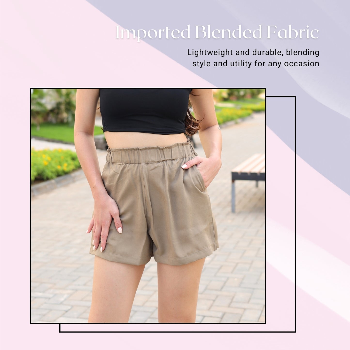 GloFash grey elastic waistband shorts in breathable georgette
