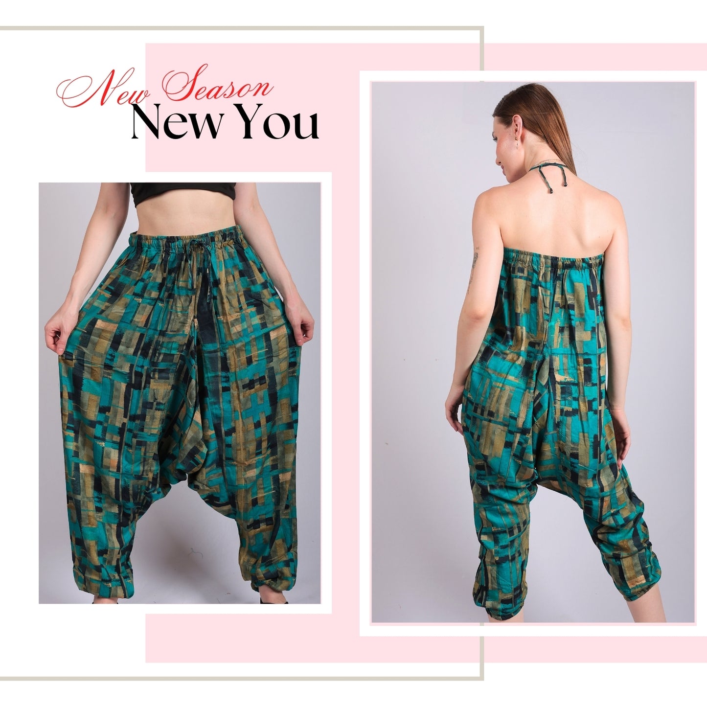 Women's Boho Harem Pants – Chic Pants with Pockets, Easily Transforms into a Jumpsuit, Ideal for Yoga and Beach Outings.