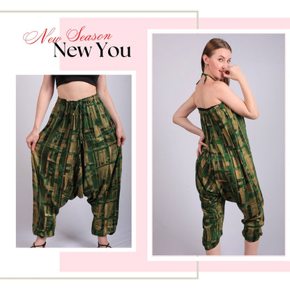 Women's Boho Harem Pants – Chic Pants with Pockets, Easily Transforms into a Jumpsuit, Ideal for Yoga and Beach Outings.