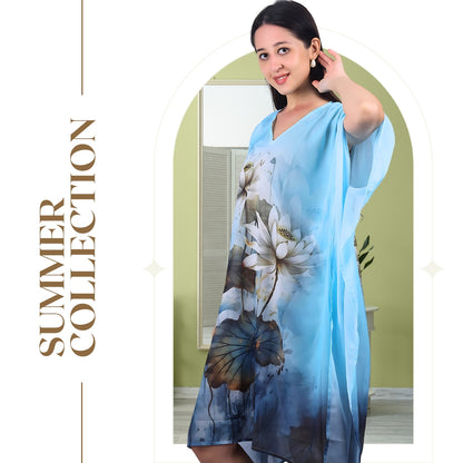 Chic watercolor floral kaftan dress perfect for vacations
