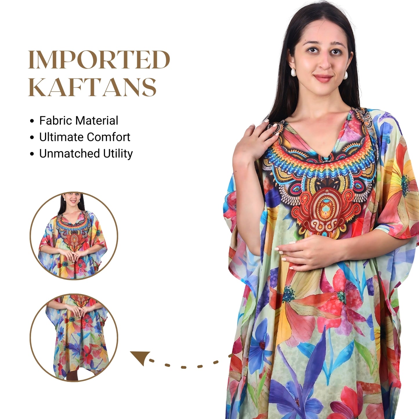 GloFash floral print kaftan dress with a modern design
