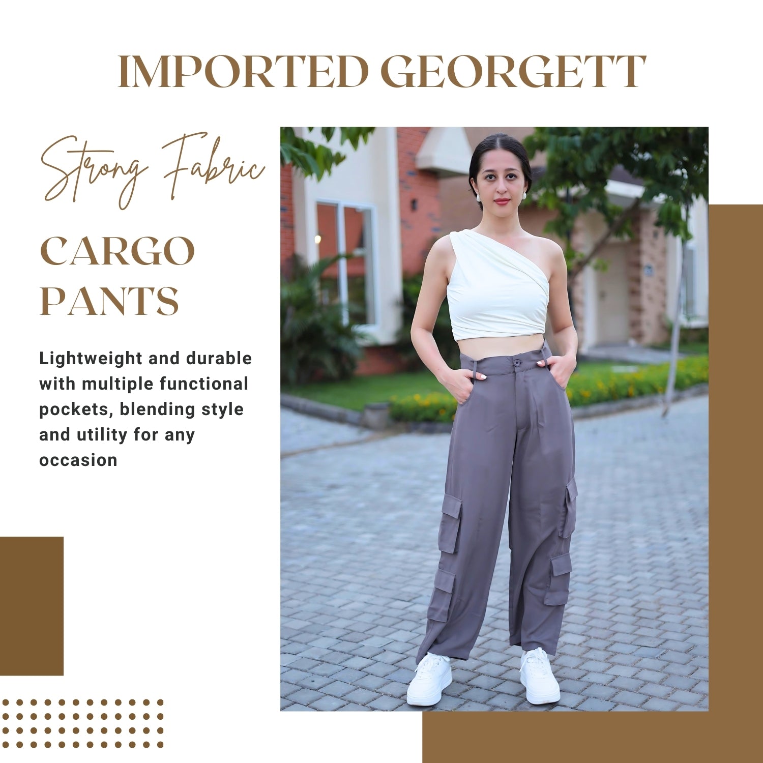 Trendy chikoo cargo pants with high-waist fit by GloFash
