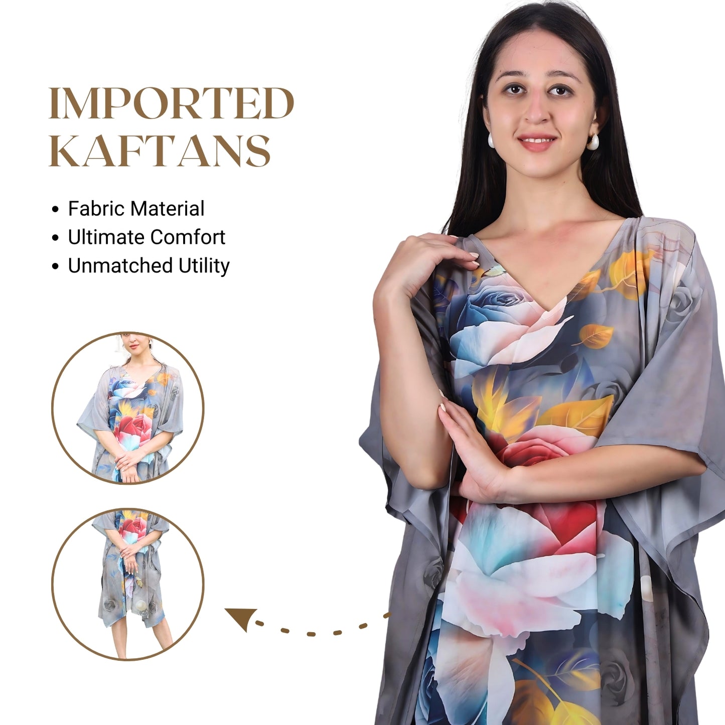 Flowy and comfortable kaftan dress with floral print
