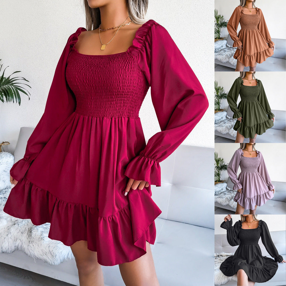 Flared Long Sleeve Dresses Women Square Neck Ruffled Swing Dress - Elegant & Stylish Swing Dress - Fashionzapp - FashionZapp.com