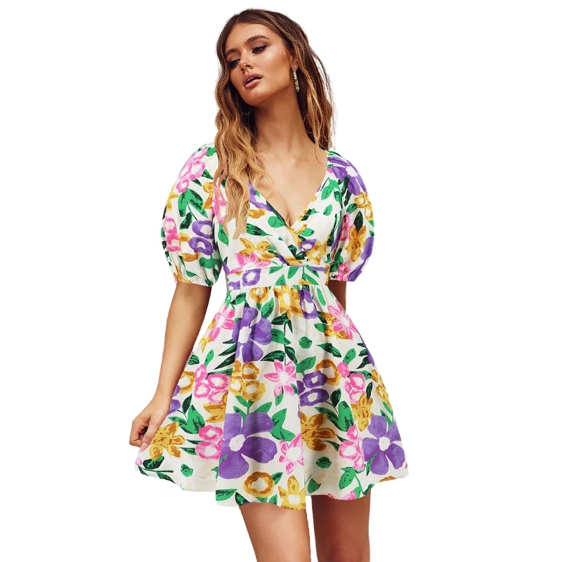 Flowers Print V-Neck Lantern Sleeve Dress (Y2K Style) - Summer Beach Dress for Women - Fashionzapp