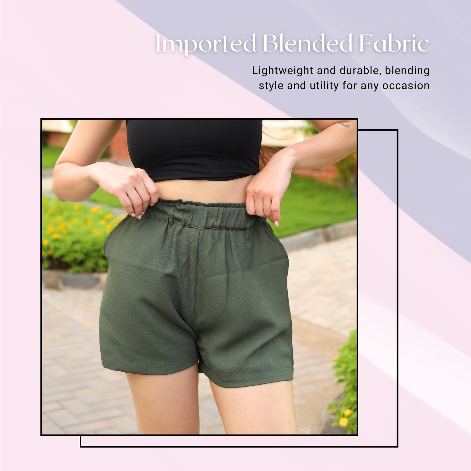 Green elastic waistband shorts for women by GloFash
