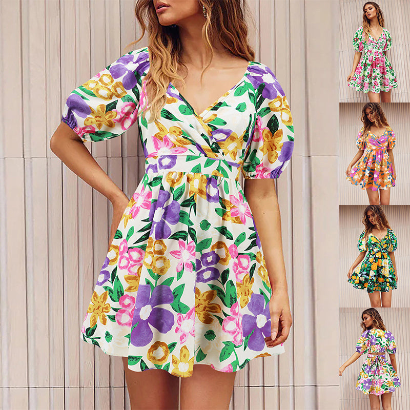 Flowers Print V-Neck Lantern Sleeve Dress (Y2K Style) - Summer Beach Dress for Women - Fashionzapp - FashionZapp.com