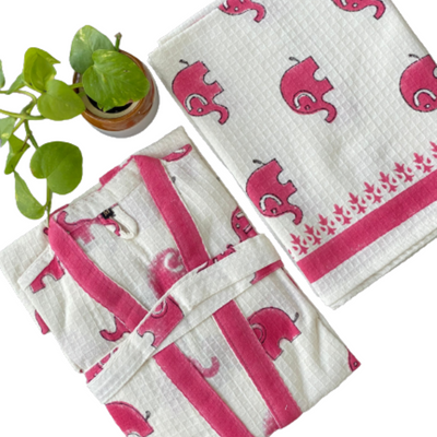 Colorful and Fun Kids Towel and Bathrobe Set with Unique Block Print Designs