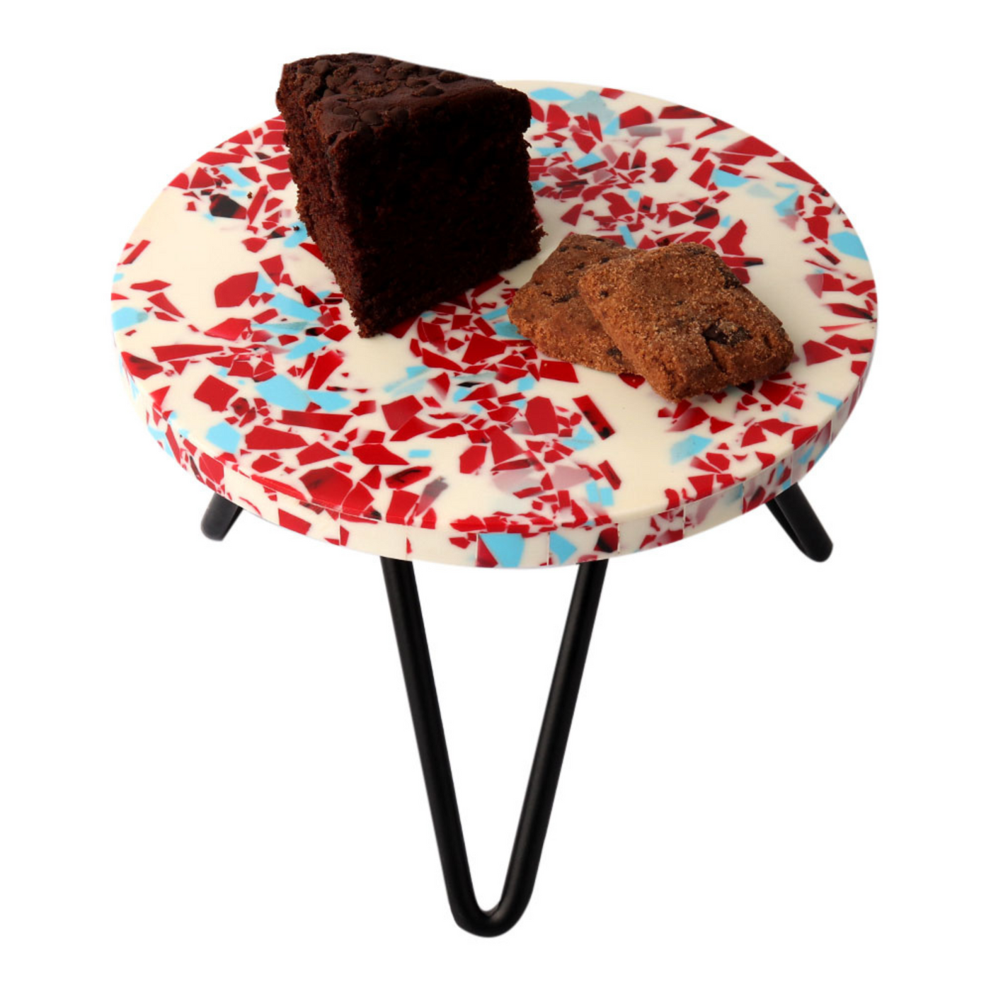 Red Terrazzo Resin And Wood Cake Stand With Iron Legs