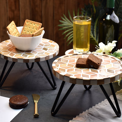 Brown and White Geometric Pattern Wood and Resin Cake Stand