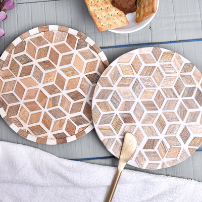 Brown and White Geometric Pattern Wood and Resin Cake Stand for Dessert, Fruit and Planter