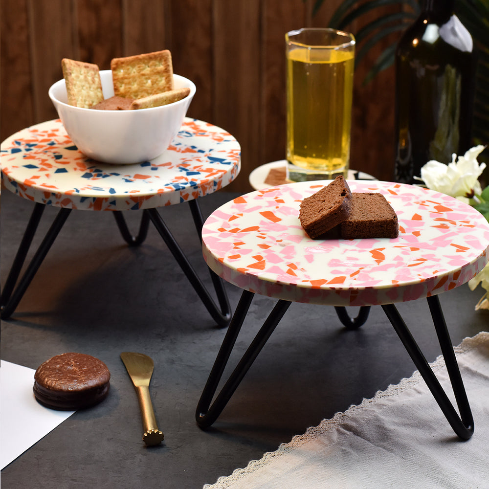 Pink and Orange Terrazzo Wood and Resin Cake Stand for Dessert, Fruit and Planter