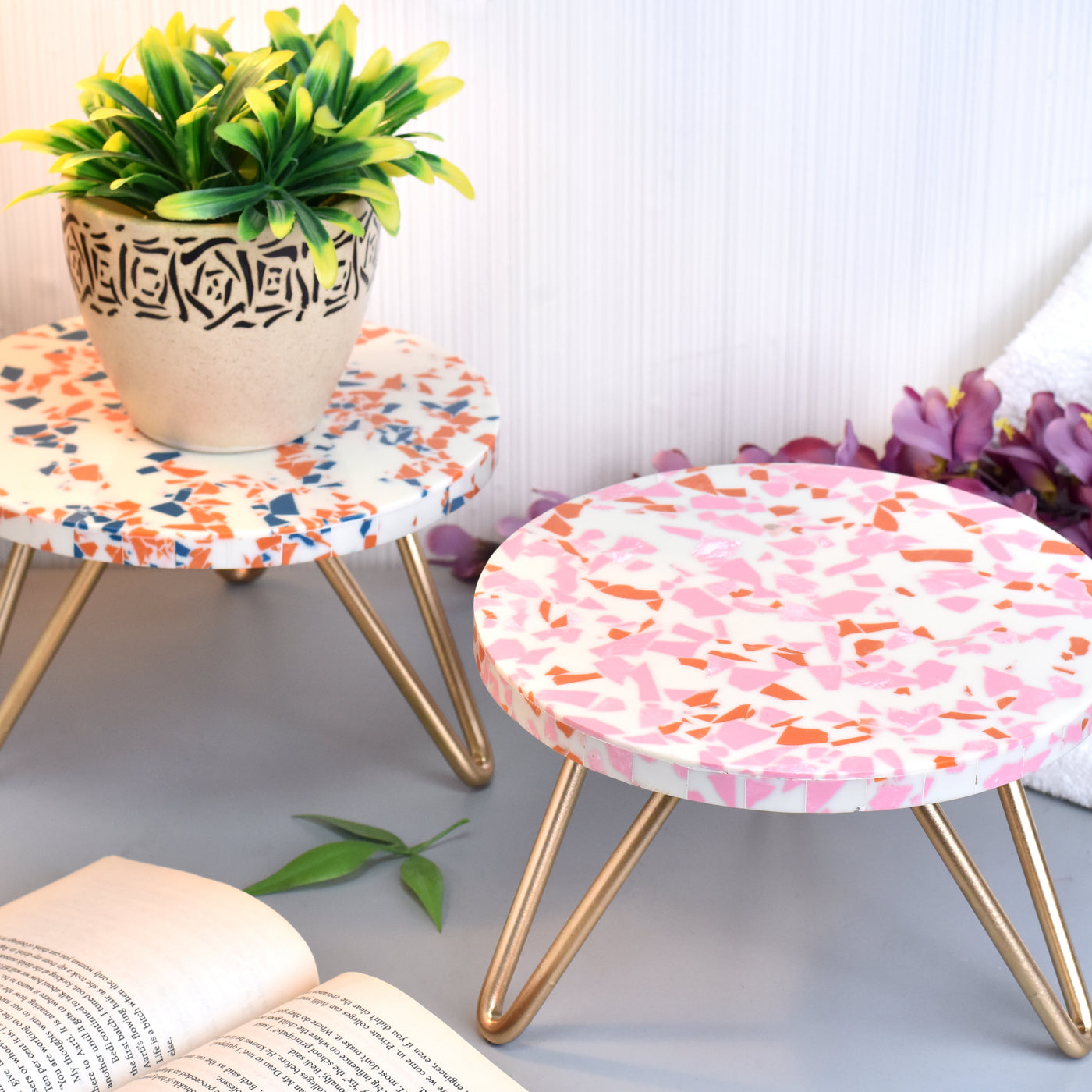 Pink and Orange Terrazzo Wood and Resin Cake Stand for Dessert, Fruit and Planter