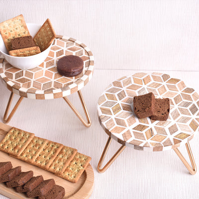 Brown and White Geometric Pattern Wood and Resin Cake Stand