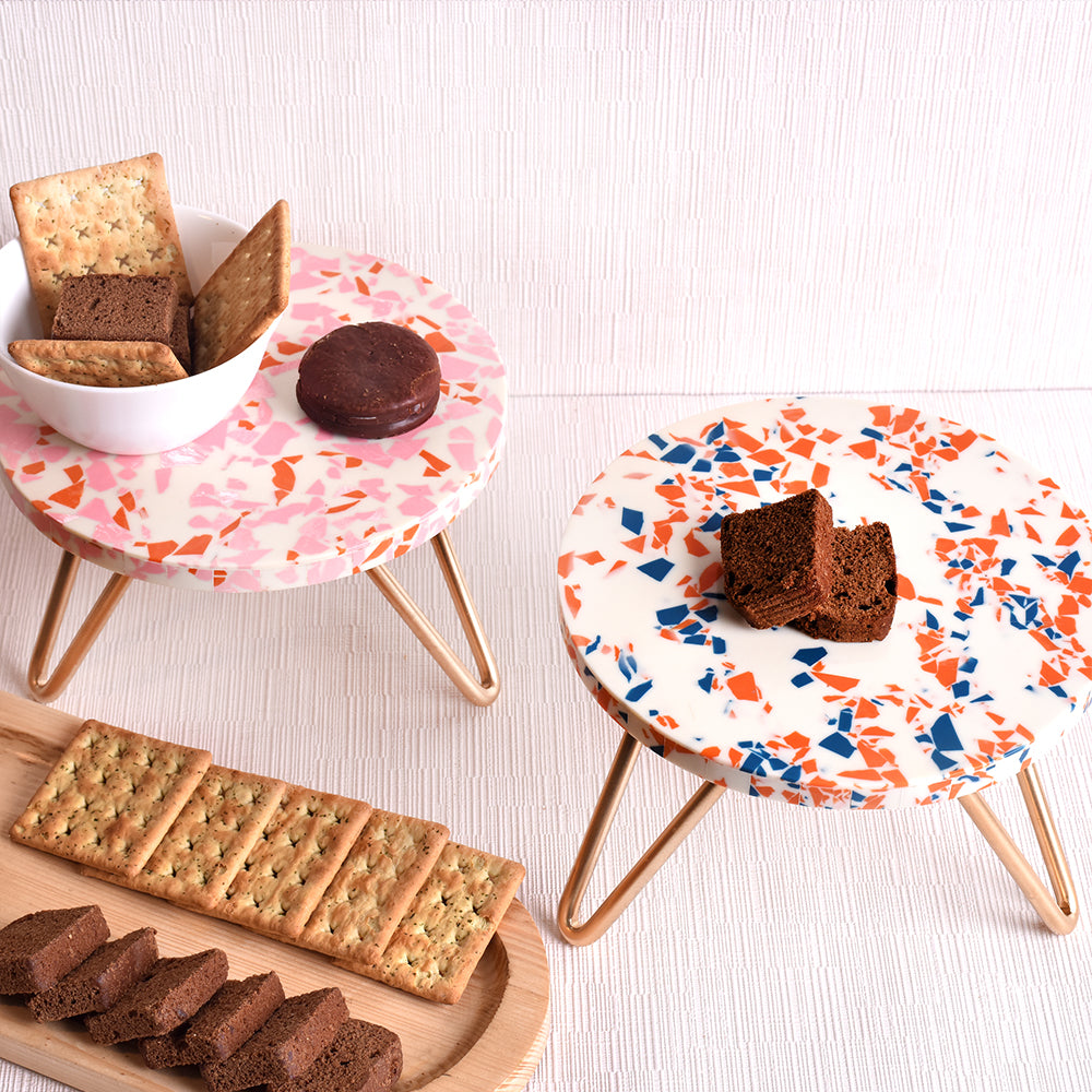 Pink and Orange Terrazzo Wood and Resin Cake Stand