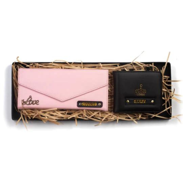 Personalised Name Couple Wallets for Men & Women Gift, Pink & Black